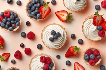 Top view of small tarts with cream and berry fruits surrounded by ingredients - obrazy, fototapety, plakaty
