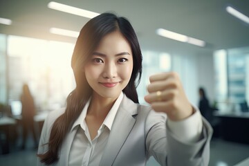 Asian Businesswoman Showing a Fighting Pose, Beautiful Manager Gestures Raising Fists in Modern Office, Female Entrepreneur Fights a Problem, Celebrate Success and Achieving Goals