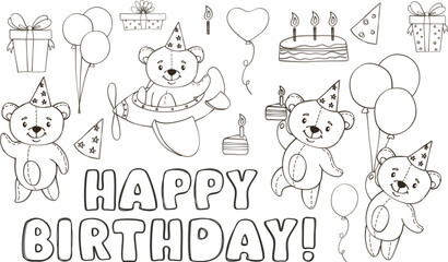 Vector linear children illustration. Cute bears celebrating a birthday. Teddy bear flying on airplane, on balloons. Collection for children's birthday. Gifts, cakes, balloons. Hand-drawn illustrations