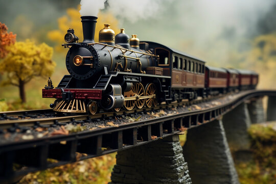 Miniature train bridge diorama, old steam train and carriage