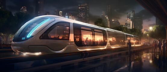 a futuristic passenger train is at the station