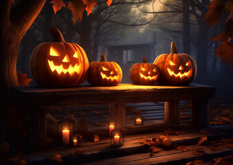 Scary pumpkins on spooky halloween night in dark park on bench.Macro.AI Generative