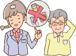 飲酒を控えるように注意を受けるおじいさん