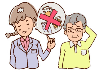 飲酒を控えるように注意を受けるおじいさん