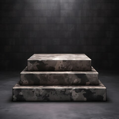 3D grey camouflage podium with a black background for product display