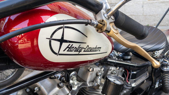 harley davidson logo text paint and brand sign on petrol white red tank fuel us american custom vintage Motorcycle