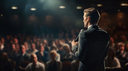 Back view of Man in business suit giving a speech on the stage in front of the audience - obrazy, fototapety, plakaty