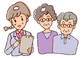 ケアプランの説明を受ける、おばあさんとおじいさん