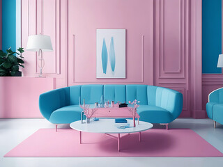 Modern luxury minimalist drawing room and furniture pink color blue