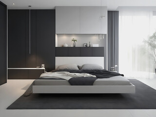 Modern contemporary styled bedroom with double bed, white carpet and light grey walls and furniture. 3D render