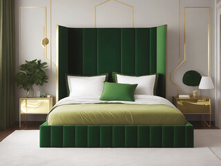 Digital render of  a modern minimalist bedroom and furniture gold color green