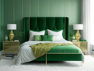 Digital render of  a modern minimalist bedroom and furniture gold color green