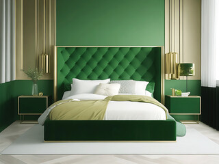 Digital render of  a modern minimalist bedroom and furniture gold color green