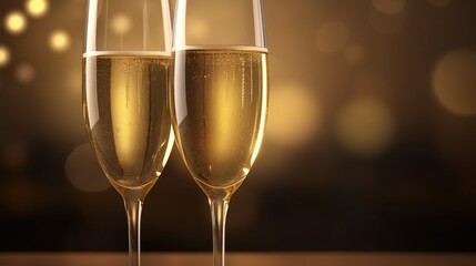 Close-up of Celebration toast with two glasses of Champagne. Golden bokeh light. Christmas or New Tear concept.