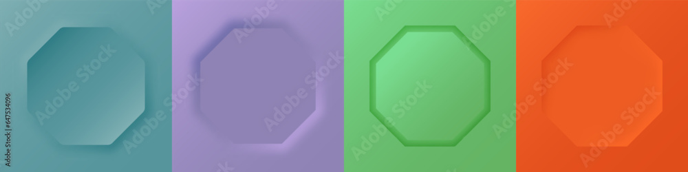 Poster trendy color octagon 3d background set. modern minimal geometric frame design. top view scene