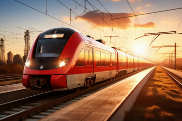 Fototapeta premium A red and white train traveling down train tracks. High-speed suburban train at sunset.