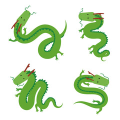Fototapeta premium Cute doodle Chinese green long dragons collection. Set of dragon characters in various poses. Minimal childish hand drawn style vector art