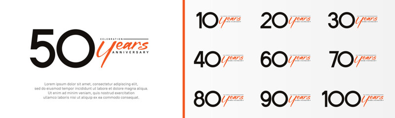set of anniversary logo black color number and orange text on white background for celebration