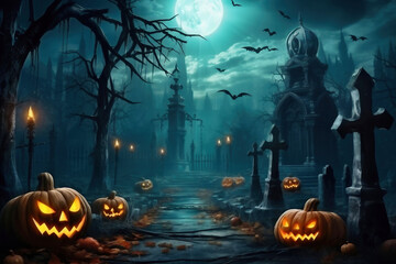 Halloween pumpkins near a tree in a cemetery with a scary house. Halloween background at night forest with moon and bats.