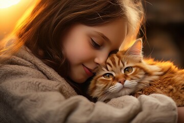 Little Girl Hugging her Cat with Warm Light Background, Kid Hugs a Stray Cat to Conveying a Sense of Love.