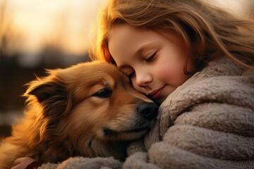 Little Girl Hugging her Dog with Warm Light Background, Kid Hugs a Stray Dog to Conveying a Sense of Love.