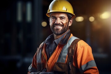Portrait of Cheerful Workers Wearing Safety Uniform, Construction Engineering Works on Building Construction Site, Observes and Checking the Project.