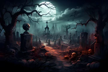 Fotobehang A Halloween background with a creepy pumpkin in the glow of the moon, Scary haunted graveyard and a bats, Skulls and a spooky night, Generative AI © rabbizz77