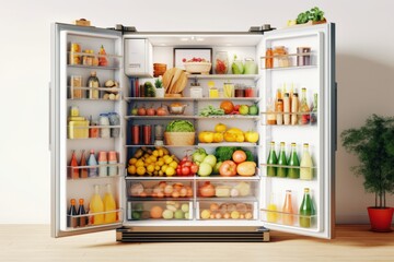 Photorealistic image showcasing an opened kitchen fridge - obrazy, fototapety, plakaty