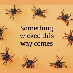 Something wicked this way comes text with black halloween spiders on orange background