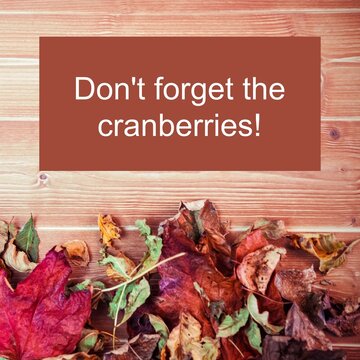 Don't forget the cranberries thanksgiving dinner text on brown with autumn leaves on wood