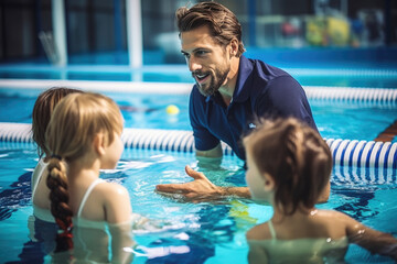 Swimming teacher teaching children to swim in the swimming pool - obrazy, fototapety, plakaty