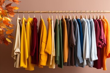 Clothes hanging in row. Many clothes for autumn or fall season. Сlothespin.