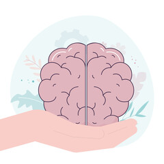 Hand holds brain, medical help, mental health. Mood support drug therapy health care. Correction of depression of sedative balance. Psychology brain disorders, medicine science