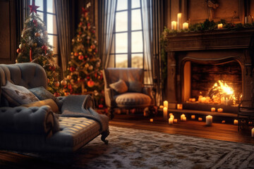 Christmas interior of a room, living room, with a fireplace, a Christmas tree, an armchair. Happy new year and merry christmas. Celebration atmosphere