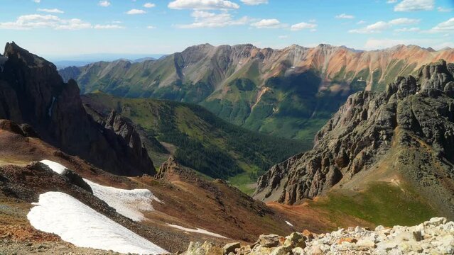 Southern Colorado summer snowy dreamy Rocky Mountains San Juan top of peaks Ice Lake Basin Trail toward  Silverton Telluride Ouray Red Mountain Molas Pass top of the world slow pan still movement left