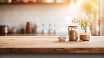 Fototapeta na wymiar wooden table with modern kitchen background with jars on it