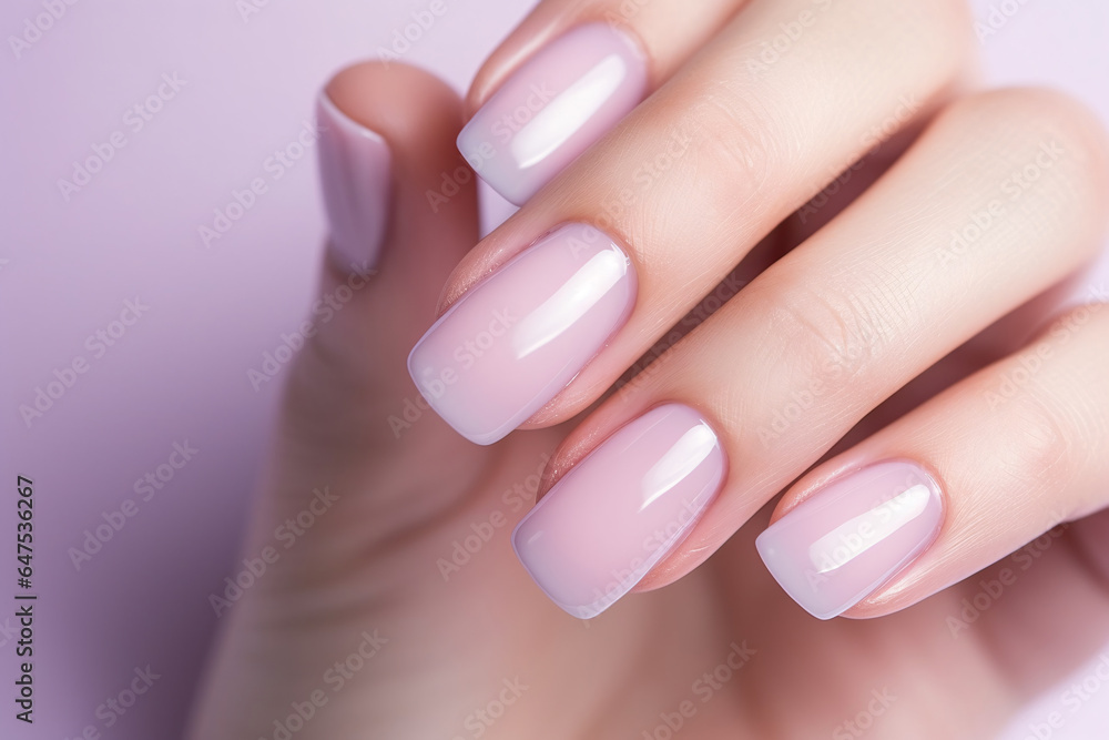 Wall mural closeup woman hand with soft pink nail polish on fingernails. soft pink nail manicure with gel polis