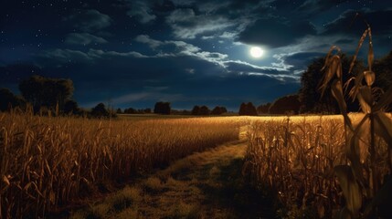 Fototapeta premium Harvest Moon Moonlit Night Starry Sky, Background Image, HD