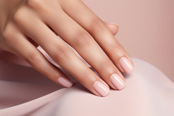 Glamour woman hand with nude nail polish on her fingernails. Nude shade nail manicure with gel polish at luxury beauty salon. Nail art and design. Female hand model. French manicure. - obrazy, fototapety, plakaty