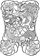 hand drawn Dragon tattoo ,coloring book japanese style.Japanese old dragon for tattoo.Symbol of chinese dragon illustration on background for T-shirt. Traditional Asian tattoo the old dragon vector.
