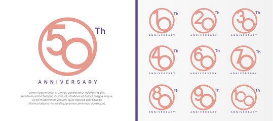 set of anniversary logo pink color number in circle and purple text on white background for celebration