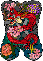 hand drawn Dragon tattoo ,coloring book japanese style.Japanese old dragon for tattoo.Symbol of chinese dragon illustration on background for T-shirt. Traditional Asian tattoo the old dragon vector.
