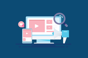 Social media marketing, video content on mobile and computer screen, promotional business video, searching video content on web concept, vector illustration.