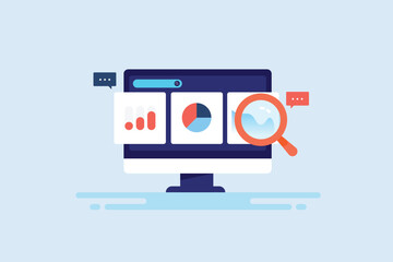 Marketing kpi, finance investment report, business data analytics graph, chart, wave diagram on app interface, searching insights online vector illustration web banner.