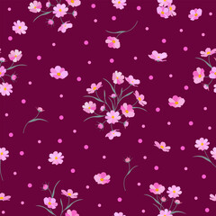 pink flowers seamless pattern. ditsy floral print with polka dots burgundy maroon background. good for fabric, fashion design, summer dress, wallpaper, textile, pajama, kimono.