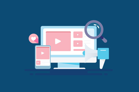 Social media marketing, video content on mobile and computer screen, promotional business video, searching video content on web concept, vector illustration.