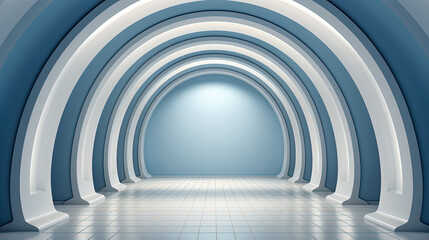 Obraz premium Bright Abstract Blue and White Round Geometric Structure with Light and Shadows, Generative AI