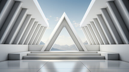 Upwards Pointing Triangle Geometry Outdoor Structure with Sky and Mountains View, Generative AI