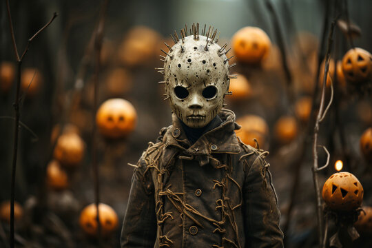 Halloween concept. Scary little girl in witch costume standing in a pumpkin field