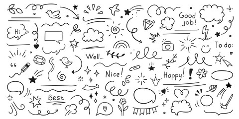 Fototapeta na wymiar Cute Doodle pen line elements. Heart, bubble, doodle, arrow, star, icon, shiny ornaments set. Simple drawing in line style sketch, attention, lettering, text, pattern elements. Vector illustration.
